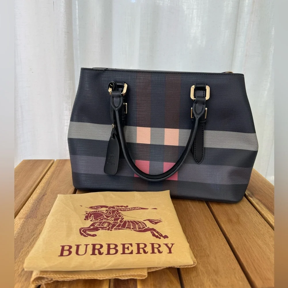 Burberry Check Tote Purse Black Gray Nova Check Berry Red Leather Trim